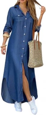 Generic Brands Womens Button Down Denim Dress Casual Autumn Shirtdress Long Sleeve Loose Plus Size T-Shirt Maxi Dress (Blue, L)