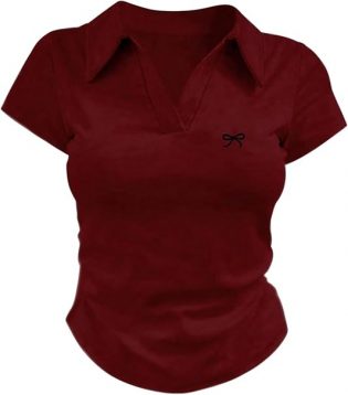 GORGLITTER Women's Asymmetrical Bow Graphic Ruched T Shirts Collar V Neck Short Sleeve Fitted Tops