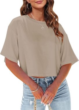 Fisoew Women Half Sleeve Cropped T-Shirts Drop Shoulder Round Neck Crop Tops Casual Summer Solid Color Basic Tees