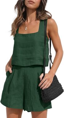 AUTOMET 2-teiliges Outfit für Damen, Lounge-Set, zweiteilige Leinen-Shorts, bauchfreie Tops, trendige Kleidung, Sommerurlaub-Set