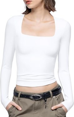 PUMIEY Women's Square Neck Long Sleeve T Shirts Slim Fit Tops Basic Tee Smoke Cloud Pro Collection