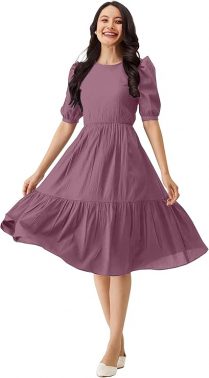 Trendmalls Dress for Women Satin Cotton Round Neck Half Puff Sleeve Flared Pleated Midi Western Dress