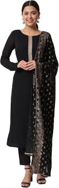 FIORRA Women's Black Poly Crepe Straight Kurta with Pant and Dupatta SET0060