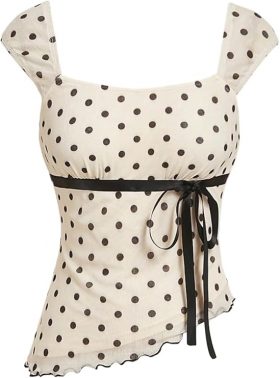 GORGLITTER Women's Polka Dots Asymmetrical Tank Tops Square Neck Bow Front Ruched Fitted Top
