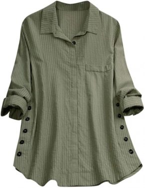 Women Casual Loose Pocket Linen Plus Size Stripe Button Long Shirt Blouse Tops Button Down Loose Comfy Tunic