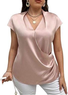 GORGLITTER Women's Plus Size Cap Sleeve V Neck Wrap Elegant Blouse Shirt Tops