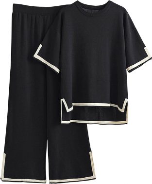 Faleave Women's Knit Sweater Set, Short-Sleeved, No Buttons, Elastic Waist, Wide-Leg Lounge Pants, 2-Piece Set