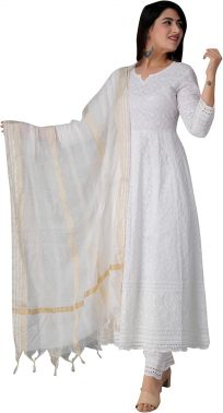 JG JAI GOVINDAM Women Chikankari Cotton Kurti With Pant & Dupatta Set Suit - Dress Set