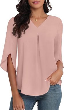 LAOLASI Summer Blouses Women’s Chiffon 3/4 Sleeve V-Neck Casual Loose Work Tops for Leggings 2025 Fluid Elegant T-Shirts