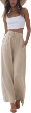 Faleave Women's Summer Cotton-Linen Palazzo Beach Pants with Pockets