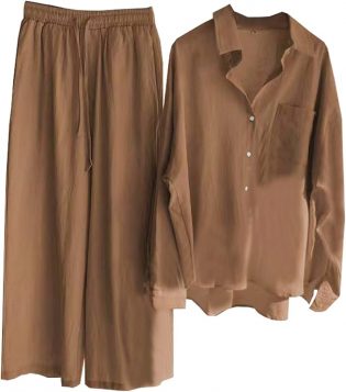 Beralst - Two Piece Outfits for Women, Long Sleeve Button Down Shirt and Wide Leg Pants Sets in Beige