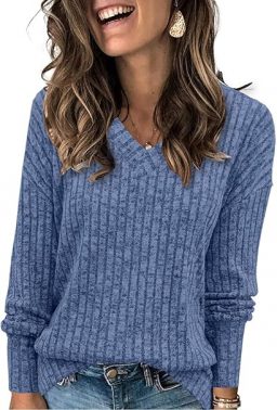 Heymiss Womens Sweatshirts V Neck Long Sleeve Shirts Loose Casual Fall Fashion Sweaters S-2XL