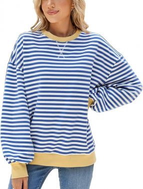 Womens Striped Oversized Sweatshirts Color Block Long Sleeve Crewneck Pullover Tops Y2K Shirts