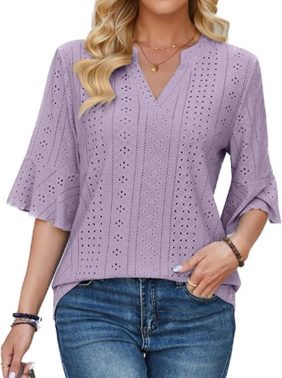 Women's 3/4 Length Sleeve Womens Eyelet Tops Loose V-Neck T-Shirts Dressy Casual Ruffle Sleeve Blouses