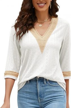 Womens tops Casual 3/4 Sleeve Shirts Lace V Neck Color Block top for womens Dressy Trendy Hollow Floral Blouses T Shirts