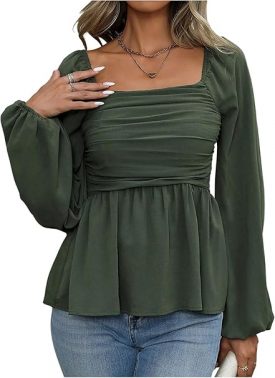 GORGLITTER Women's Square Neck Long Sleeve Ruched Blouses Smocked Flared Fitted Peplum Shirts Tops