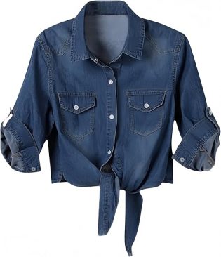 Simier Fariry Womens Tie Front Denim Shirt Summer Lightweight Jean Tops Roll Up 3/4 Sleeve Button Down Fall Cute Outfits