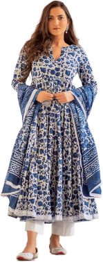 MEERA FAB Women's Cotton Printed Anarkali Kurta with Palazzo & Dupatta Set