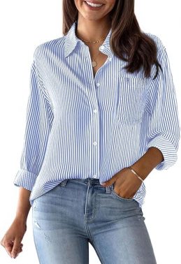 Striped Button Down Shirts for Women Cotton Dress Shirts Long Sleeve Collared Blouses Work Business Casual Tops