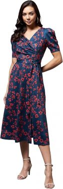 Miss Olive Women's Multicolored-Base-Dark Pink Relaxed Fit Midi Georgette Dress