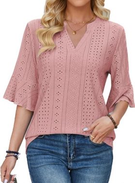 Women's 3/4 Length Sleeve Womens Eyelet Tops Loose V-Neck T-Shirts Dressy Casual Ruffle Sleeve Blouses