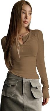 Shasmi Women's & Girl's Brown Long Sleeve Round Neck Solid Color Ruched Workwear Casual Top Half Button Down Henley T-Shirt for Women