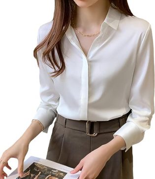 Women's Satin Blouse Fashion Long Sleeve Satin Silk Shirt Work Office Top Casual Shirt