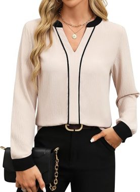 Women's V-Neck Blouse, Long Sleeve Color Block Shirt, Business Casual Tops, Dressy Work Shirt, Fall Fashion Office Wear, XL