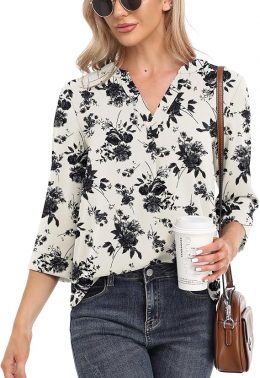 Jouica Womens Tops Casual Chiffon Blouses Tops 3/4 Sleeve V Neck Tunic Top Loose Shirt