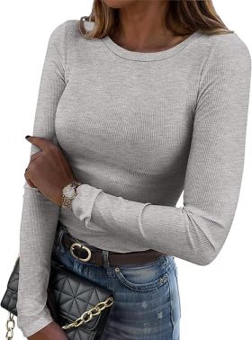 Women's Long Sleeve Ribbed T-Shirt, Stretch Fitted Crewneck Top for Casual and Everyday Wear, Soft and Comfortable Basic Tee, L